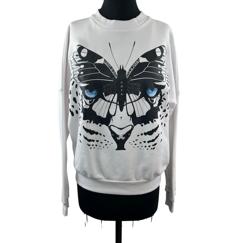 Jonny Cota White Black Sweatshirt Butterfly Leopard Wings Drop Shoulder Small S